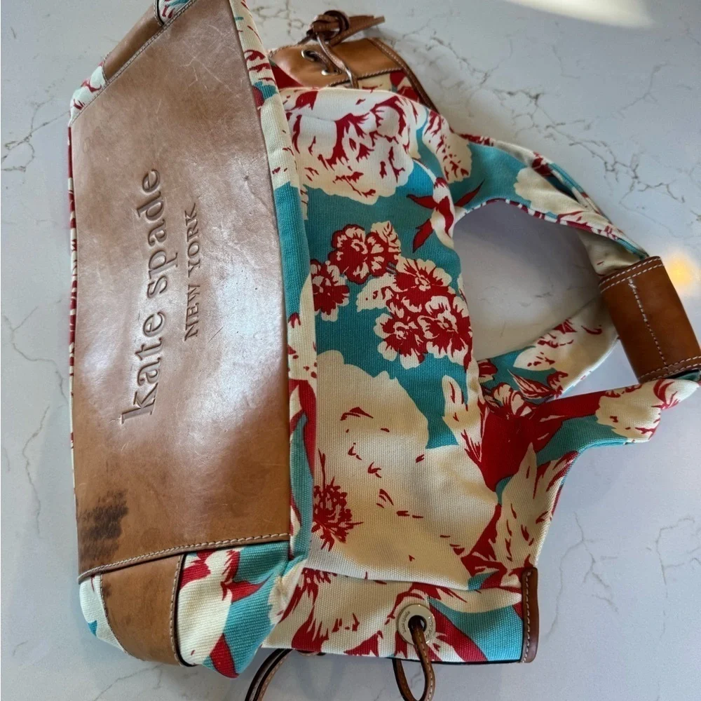 Vintage Kate Spade Floral Canvas Leather Tote Lined